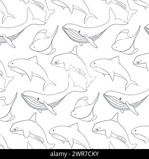 Undersea and ocean animals seamless pattern in line art style. Wild marine creatures shark, blue whale, stingray and killer whale. Vector illustration Stock Vector