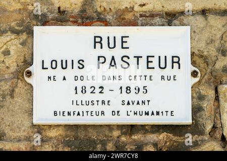 Louis Paster street sign, born in the French town of Dole, Jura, France Stock Photo