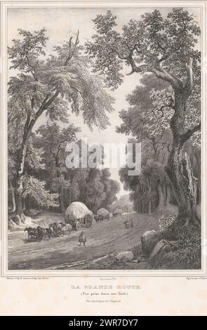Pulling carts with horses on a large forest road, La grande route (Vue prize dans une forêt) (title on object), Picturesque images from nature (series title), Sujets de végétation pittoresque (series title), print maker: Edouard Hostein, print maker: Jules David (1808-1892), after drawing by: Edouard Hostein, Paris, c. 1832, paper, height 547 mm × width 360 mm, print Stock Photo