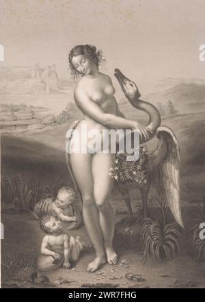 Leda and the swan, Léda (title on object), print maker: Jean Marie Leroux, after drawing by: Jean Marie Leroux, after painting by: Leonardo da Vinci, 1835, paper, etching, engraving, height 550 mm × width 404 mm, print Stock Photo