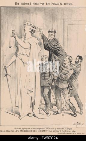 Judge removes Justice from her blindfold, Political picture about the Dreyfus affair (series title), The approaching end of the trial in Rennes (title on object), Judge Julses Quesnay de Beaurepaire sits on the shoulders of officers and removes Lady Justice from her blindfold. Below the image the text: The last attempt of the anti-Dreyfusards to gain control of Themis.' The print refers to the end of the Dreyfus affair in Rennes, where a Jewish-French officer, Alfred Dreyfus, was wrongly accused of being a spy for Germany. The names of the people involved are below the figures. Stock Photo