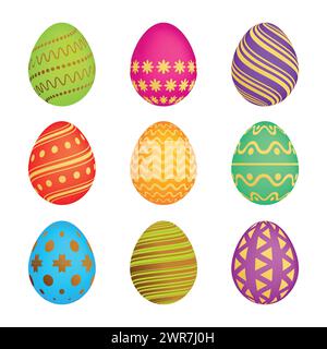 Set of Nine Easter eggs with different colorful texture on a white background. Vector illustration Stock Vector