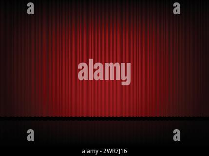 Red curtain opera, cinema or theater stage drapes. Spotlight on closed velvet curtains background. Vector illustration Stock Vector