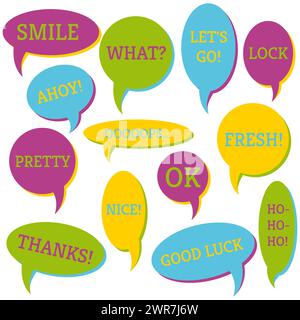 Set of speech bubbles on a white background with different inscriptions in the middle. Speech bubbles with short phrases. Vector illustration. Stock Vector
