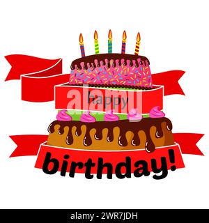 Sweet birthday cake wrapped in red ribbons with five burning candles. Colorful holiday dessert. Vector celebration background. Stock Vector