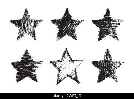 Set of six black hand drawn stars. Rough star shape in doodle style on white background. Vector illustration Stock Vector