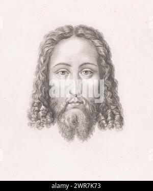 Christ's head, Salvator Mundi, print maker: Erin Corr, after design by: Leonardo da Vinci, 1815 - 1862, paper, steel engraving, height 515 mm × width 405 mm, print Stock Photo