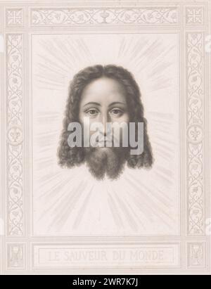 Christ's head, Le sauveur du monde (title on object), Salvator Mundi, print maker: Erin Corr, after design by: Leonardo da Vinci, 1815 - 1862, paper, steel engraving, height 515 mm × width 405 mm, print Stock Photo