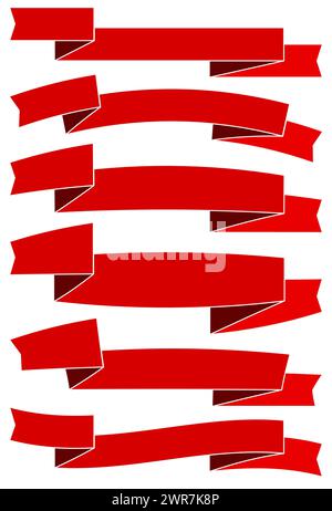 Six red cartoon ribbons for web design. Great design element isolated on white background. Vector illustration. Stock Vector