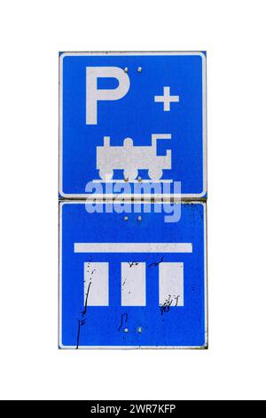 Worn railway station parking lot sign isolated in white background, clipping path Stock Photo