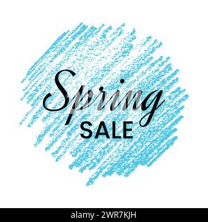 Spring Sale Banner on Blue Scribble Smear. Hand drawn Pencil Scribble. Vector illustration. Stock Vector