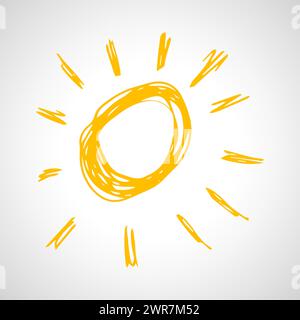 Hand drawn sun. Simple sketch sun. Solar symbol. Yellow  doodle isolated on white background. Vector illustration. Stock Vector