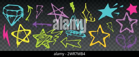 Spray paint stars vector set. Color grunge ink graphic crown, arrow, diamond, lightning bolt, broken heart with inky drips and splatters on dark background. Street art graffiti brush colorful symbols. Stock Vector