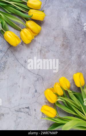 Two bouquets yellow tulips on gray concrete background, copy space, top view. Spring composition. Stock Photo