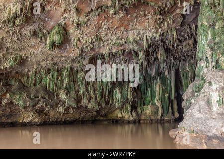 Wall of the cave filled with stalactites and stalagmites covered in green moss and cloudy river flowing beneath. Tham Lot (Lod) cave near Soppong, Mae Stock Photo