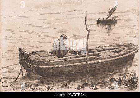 Rowboat anchored in open water and a sailboat in the background, print maker: Jules Guiette, 1862 - 1901, paper, etching, drypoint, height 240 mm × width 358 mm, print Stock Photo