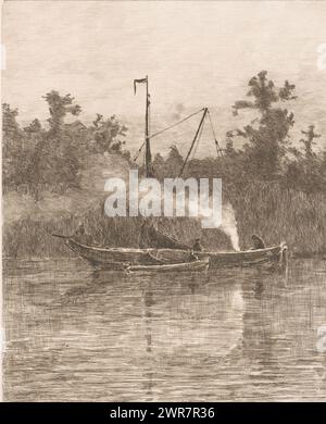 Barge in front of a quay with reeds, print maker: anonymous, Belgium, 1850 - 1910, paper, etching, height 318 mm × width 237 mm, print Stock Photo