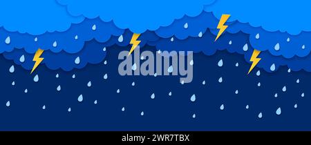Paper cut rain clouds with water drops and lightning thunderstorm, vector background. Rainy weather, storm and thunderbolt lightning flash in sky, paper cut clouds with raindrops in cutout layers Stock Vector