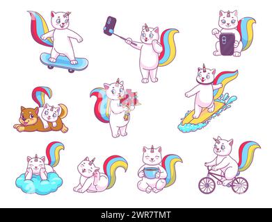 Cartoon cute caticorn cats, kitty characters, rainbow on sky vector ...