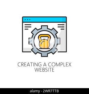 Creating complex website, CMS content management system icon, vector outline pictogram. Internet marketing and CMS business web site creation icon for user panel or website button for media content Stock Vector