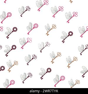 Seamless pattern with magic keys with wings. Stock Vector