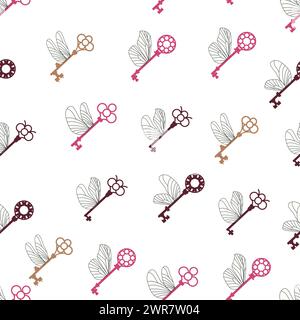 Seamless pattern with magic keys with wings. Stock Vector