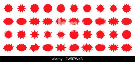 Red starburst sale price seals, callout stickers and splash labels, vector star rosette badges. Promotion sale and shop offer labels, sunburst stamps and tag silhouettes for price discount and promo Stock Vector