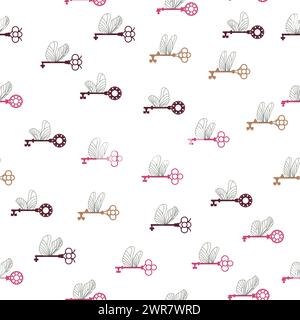 Seamless pattern with magic keys with wings. Stock Vector