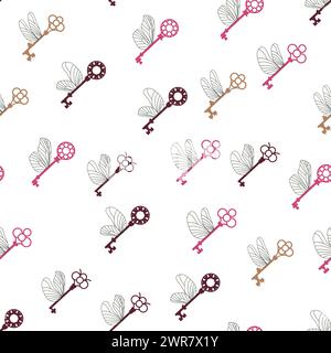 Seamless pattern with magic keys with wings. Stock Vector
