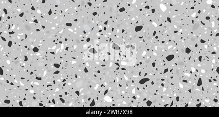 Black, white and grey terrazo mosaic tile pattern, terazzo marble stone floor texture, terazo ceramic background. Vector blend of marble, granite and glass chips, speckled surface for flooring or wall Stock Vector