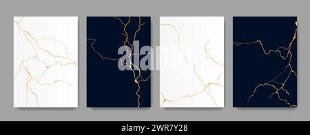 Kintsugi golden cracks texture on marble, backgrounds with pattern for vector tile. Broken marble effect with gold foil lines of crackles in black and white stone, Kintsugi or Kintsukuroi ceramic art Stock Vector