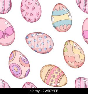 Decorated Easter Eggs. Illustration in hand drawn style. Seamless pattern Background. Isolated background. Stock Photo
