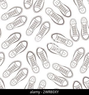 Line art shoes sneakers seamless pattern. Print with male and female footwear. Vector illustration on a white background. Stock Vector