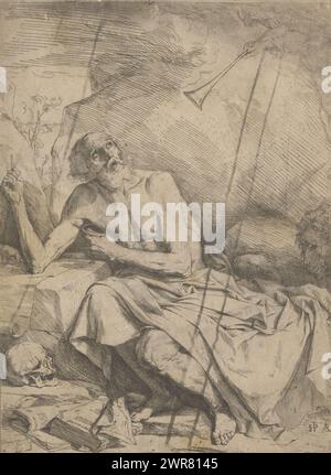 Saint Jerome and the trumpet, Saint Jerome sitting in the wilderness, with his books, a skull and the lion. Two hands emerge from a cloud in the sky holding a trumpet., print maker: Jusepe de Ribera, after own design by: Jusepe de Ribera, Naples, 1621, paper, etching, engraving, drypoint, height 322 mm × width 238 mm, print Stock Photo