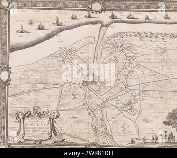Map of the siege and conquest of Grevelingen, Plan et Siege de la Ville de Gravelines siegée et prize par Son Altesse Royalle Monseigr. le Duc d'Orleans (title on object), Les Glorieuses conquêtes de Louis le Grand, d'après le chevalier de Beaulieu (series title), Map of the siege and conquest of the city of Grevelingen by the French army under Gaston duke of Orléans, July 28, 1644. Plan of the fortified city with the surrounding country, at the top of the harbor blocked by Dutch ships. In an ornamental frame decorated with the monogram GG Stock Photo