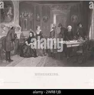 House search (title on object), Soldiers look around a richly decorated room, where an older woman with a dejected face sits by the fireplace. She is holding a book in her hand. Next to her stands a young woman with a bunch of keys in her hand, who looks angrily at the young soldier next to her. An older man with a dog in his arm leans over to the older lady. Another man is reading a stack of papers on a writing table., print maker: Dirk Jurriaan Sluyter, after painting by: Charles Rochussen, publisher: Vereeniging tot Bevordering van Beeldende Kunsten, Amsterdam, 1869 - 1886, paper Stock Photo