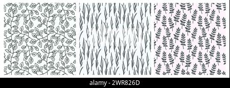 Leaves seamless pattern set for textile, fabric, wallpaper, scrapbook, cover. Vector floral hand drawn background in pastel grey color Stock Vector