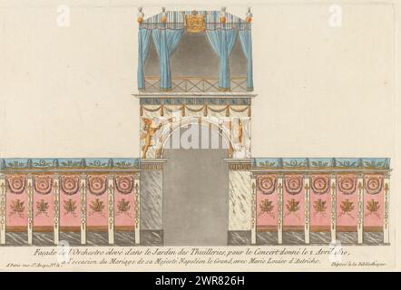 Façade of a stage in the Tuileries, Garden decorations for festivities (series title), print maker: anonymous, print maker: J.M. Mixelle, (rejected attribution), after design by: Charles Percier, print maker: France, publisher: Paris, 2-Apr-1810, paper, etching, height 194 mm × width 290 mm, print Stock Photo