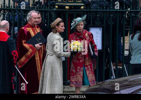 London, UK.  11 March 2024. Princess Anne leaves The Commonwealth Day Service at Westminster Abbey which has been held since 1972 and celebrates the people and cultures of the 54 Commonwealth nations.  As King Charles continues to undergo treatment for cancer treatment, Queen Camilla led the group of senior royals in attendance.  Credit: Stephen Chung / Alamy Live News Stock Photo
