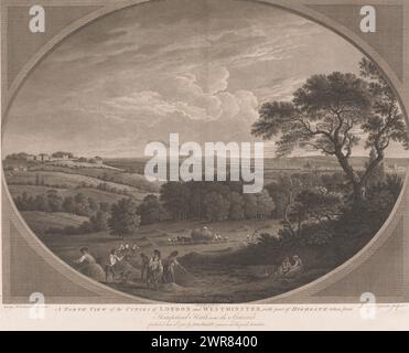 View of London, seen from Hampstead Heath, A North View of the Cities of London and Westminster, with part of Highgate taken from Hampstead Heath, near the Spaniards (title on object), print maker: Daniel Lerpinière, after drawing by: George Robertson, publisher: John Boydell, London, 10-Jun-1780, paper, etching, engraving, height 481 mm × width 605 mm, print Stock Photo