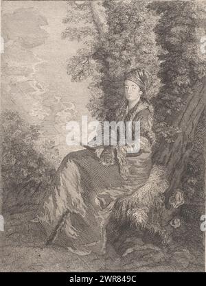 Portrait of a dreamy woman with fan, print maker: Pierre Alexandre Aveline, after design by: Jean Antoine Watteau, publisher: Edme François Gersaint, France, 1712 - 1760, paper, etching, height 278 mm × width 195 mm, print Stock Photo