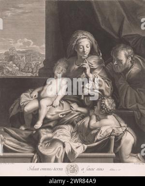 Holy Family with John the Baptist, Sileat omnis terra a facie eius (title on object), Le Silence, Mary admonishes the young John to silence, because the Christ Child is sleeping., print maker: Nicolas de Poilly (I), after painting by: Charles Le Brun, 1637 - 1696, paper, engraving, height 488 mm × width 413 mm, print Stock Photo