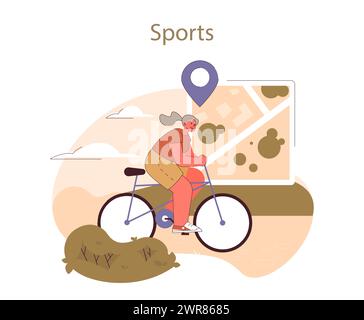 Retirees' Activities concept. Active senior woman enjoys cycling in nature. Navigating through the park, vibrant retirement life. Health in the golden years Stock Vector