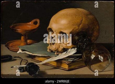 Still Life with a Skull and a Writing Quill by Dutch artist Pieter Claesz (c.1596-1660) painted in 1628. A selection of objects symbolising mortality with expert composition and rendering of light, shadow and texture. Oil on wood. Credit: The Metropolitan Museum of Art / Universal Art Archive Stock Photo