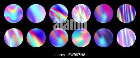 Iridescent holographic circles. Round iridescent fluid color gradients, holo gradient mesh backgrounds vector set Stock Vector