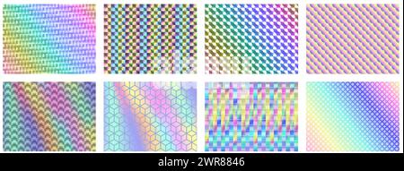 Iridescent holographic patterns. Holo backgrounds with geometric pattern texture, abstract rainbow spectrum gradients vector set Stock Vector
