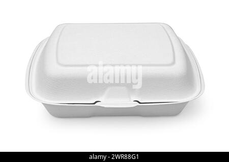 A closed white cardboard box to take away,  white background. Disposable Food Packaging box, container, Top view, Stock Photo