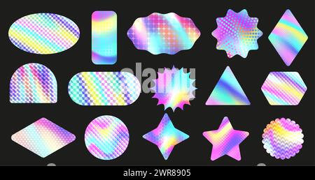 Textured holographic stickers. Iridescent geometric figures, holo gradient shapes with texture patterns collection vector set Stock Vector
