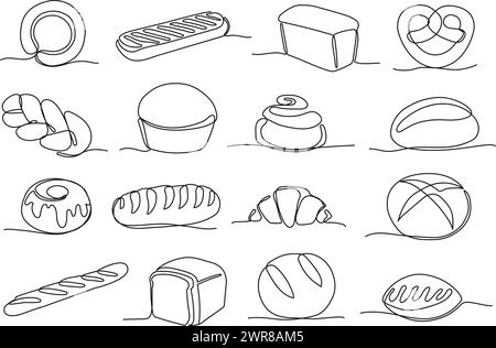 Continuous one line bakery products. Hand drawn baked goods, minimalist loaf, baguette sketch, breakfast croissant, pretzel, doughnut and rolls vector Stock Vector