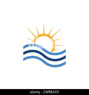 Simple modern abstract sunset logo design vector of yellow sun and blue sea waves illustration. Sun wave logo, sun minimalist logo concept Stock Vector